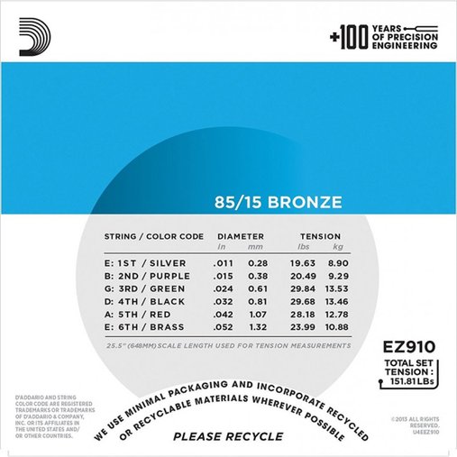 Encordoamento de Violão Aço D'Addario 011 EZ910-B Light Gauge 85/15 - 1 Corda Mi Extra