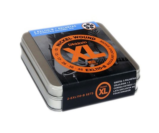 Kit Encordoamento de Guitarra D'Addario 010 com 2 Jogos EXL110-B + 2 Cordas Mi Extra e 10 Palhetas Planet Waves Black Medium 0,70mm