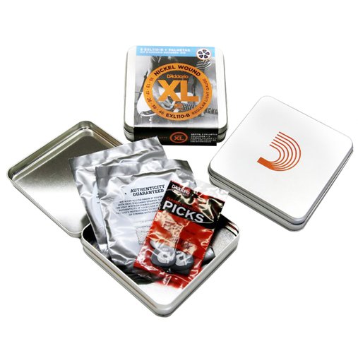 Kit Encordoamento de Guitarra D'Addario 010 com 2 Jogos EXL110-B + 2 Cordas Mi Extra e 10 Palhetas Planet Waves Black Medium 0,70mm
