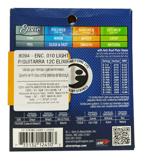 Encordoamento Guitarra Elixir 12 Cordas Nanoweb 0.10 Light