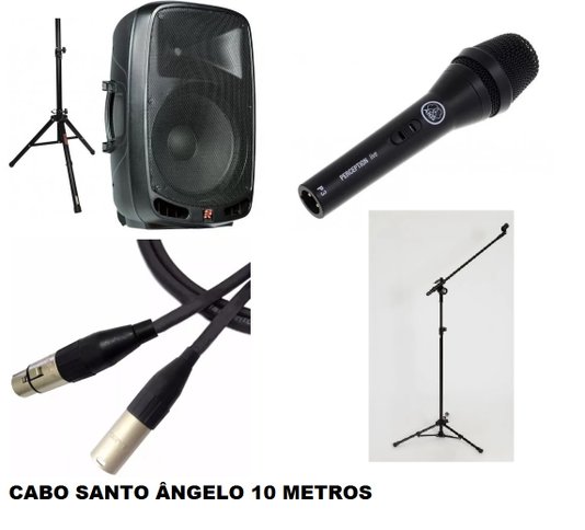 Kit Com Caixa Staner Ps 1501+ Microfone Akg Dinâmico P3s + Cabo Santo Ângelo XLR 10 Metros montado e Pedestal de Microfone