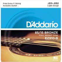 Encordoamento de Violão Aço D'Addario 011 EZ910-B Light Gauge 85/15 - 1 Corda Mi Extra