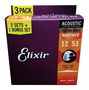 Set 3 Jogos Encordoamento Violão Elixir 012 Phosphor Bronze